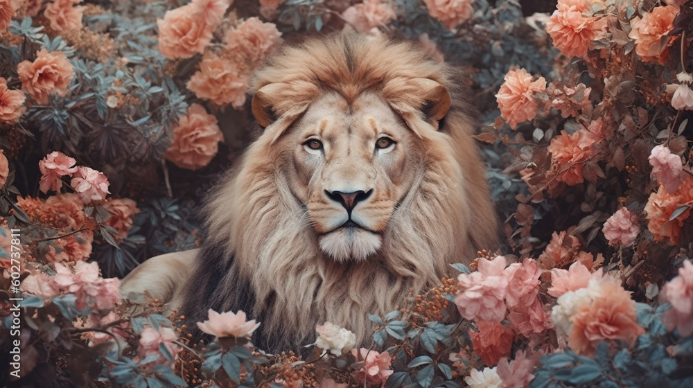 Lion Surrounded by Beautiful Flowers in a Muted Pastel Aesthetic with Surrealism Elements - Dreamy Background - Generative AI Lion Surrounded by Beautiful Flowers in a Muted Pastel Aesthetic with Surrealism Elements - Dreamy Background - Generative AI