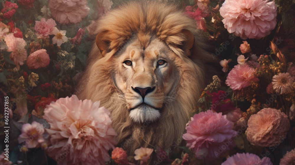 Lion Surrounded by Beautiful Flowers in a Muted Pastel Aesthetic with Surrealism Elements - Dreamy Background - Generative AI Lion Surrounded by Beautiful Flowers in a Muted Pastel Aesthetic with Surrealism Elements - Dreamy Background - Generative AI