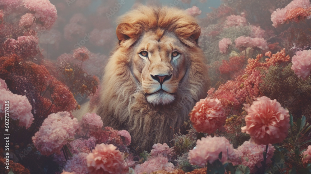 Lion Surrounded by Beautiful Flowers in a Muted Pastel Aesthetic with Surrealism Elements - Dreamy Background - Generative AI