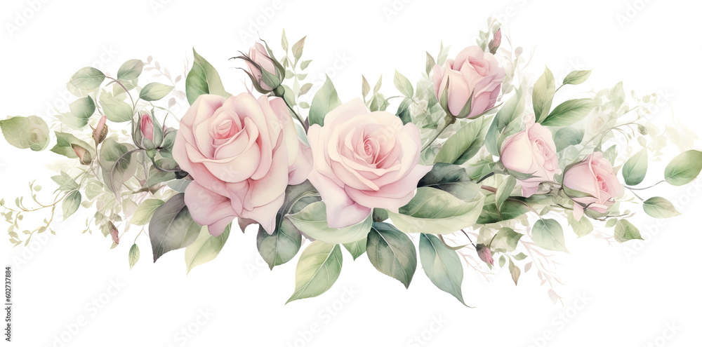 watercolor floral bouquet with green leaves, pink peach blush flowers, design element for invitations and weddings, greetings, wallpapers, fashion, prints. Eucalyptus, rose, carnations, generative ai