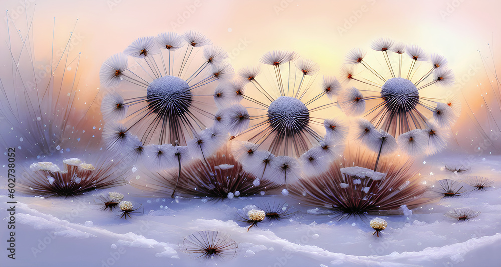 Zimowe kwiaty dmuchawce, abstrakcja. Generative AI - obrazy, fototapety, plakaty 