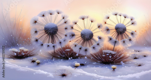 Zimowe kwiaty dmuchawce, abstrakcja. Generative AI