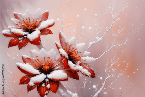 Czerwone kwiaty, zimowe tło abstrakcja. Generative AI