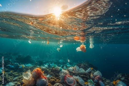 Beneath the sea or the bottom of the ocean, filled with trash and plastic waste, is a broad flag for environmental and recycling concepts ,Generative AI