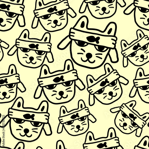 linear black and white pattern with animals in vector.pattern with cats in doodle style for design.isolated pattern.Collection of patterns with cats.