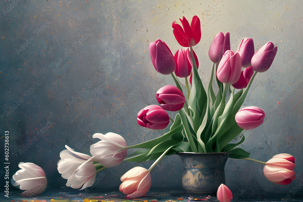 Wiosenne kolorowe kwiaty tulipany. Generative AI - obrazy, fototapety, plakaty 