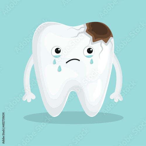 Crying tooth character with caries and pain. Vector kawaii cartoon style personage. Good for website, web design,  as a tooth icon. Stomatology, dental concept