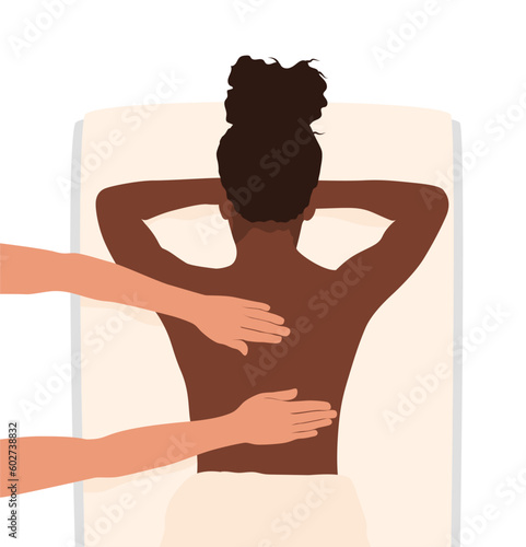 Dark skinned woman gets a back massage at a SPA wellness salon. Colored flat vector illustration isolated on white background. Top view 