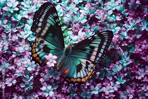 Obraz Tapeta kwiaty z motylem. Generative AI