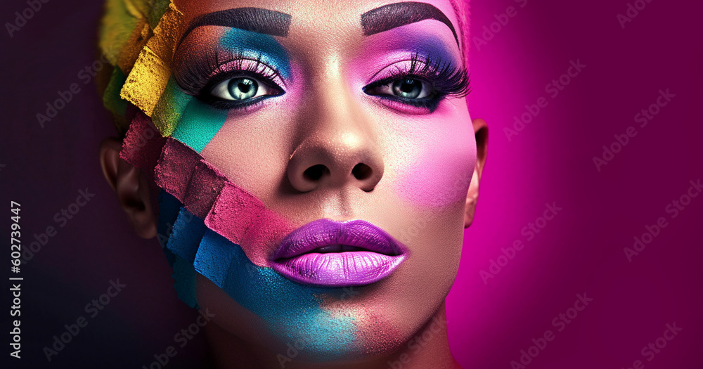 Close up portrait of transgender guy puts on makeup. Young gay man applies mascara on eyelashes, beautiful Make-up artist copy space Close up portrait of transgender guy puts on makeup. Young gay man applies mascara on eyelashes, beautiful Make-up artist copy space