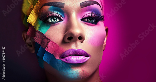 Close up portrait of transgender guy puts on makeup. Young gay man applies mascara on eyelashes, beautiful Make-up artist copy space
