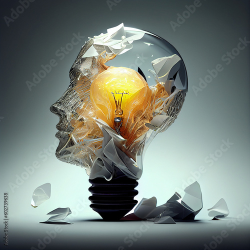 Man with creative light bulb, explosion of ideas, glowing mind, brainstorming for solutions, smart brain, generative AI photo