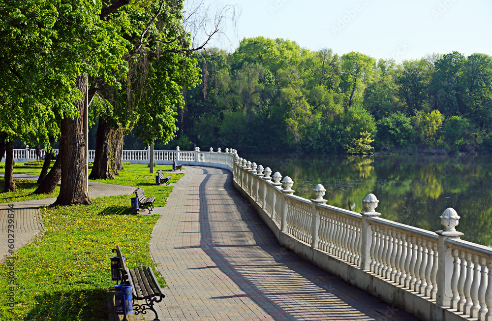Empty waterfront in the park at morning.