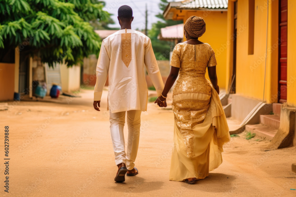 African couple in traditional wedding clothes walking at street of Nigeria, Africa. Generative AI.