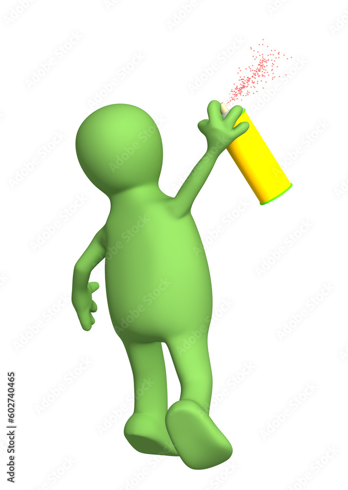 3d puppet, drawing a spray with a paint. Objects over white 3d puppet, drawing a spray with a paint. Objects over white