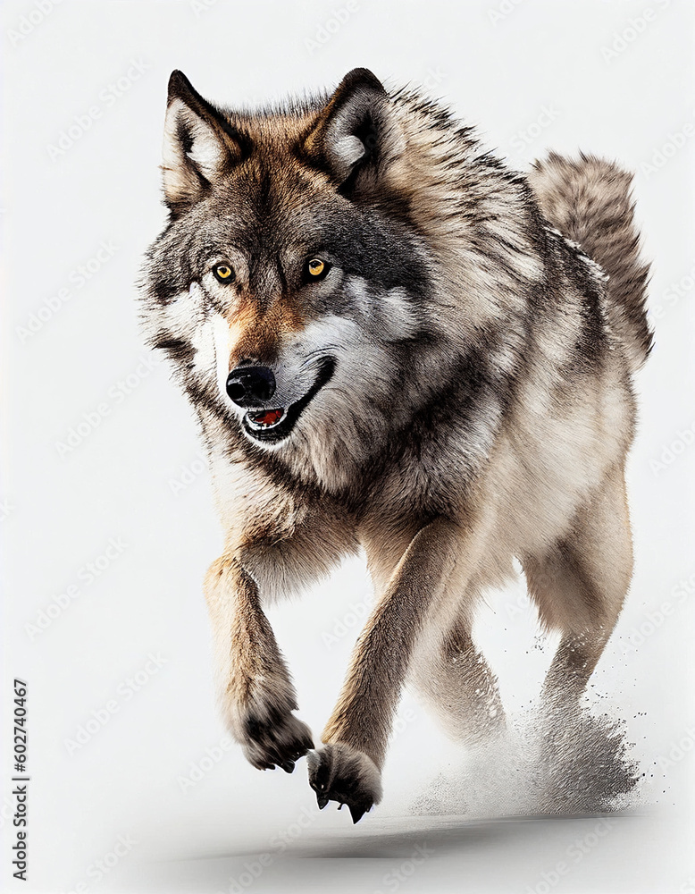 Obraz premium Wolf Running isolated in white background, Generative Ai