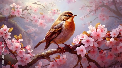 Nightingale Bird Perched on Blooming Tree in Spring