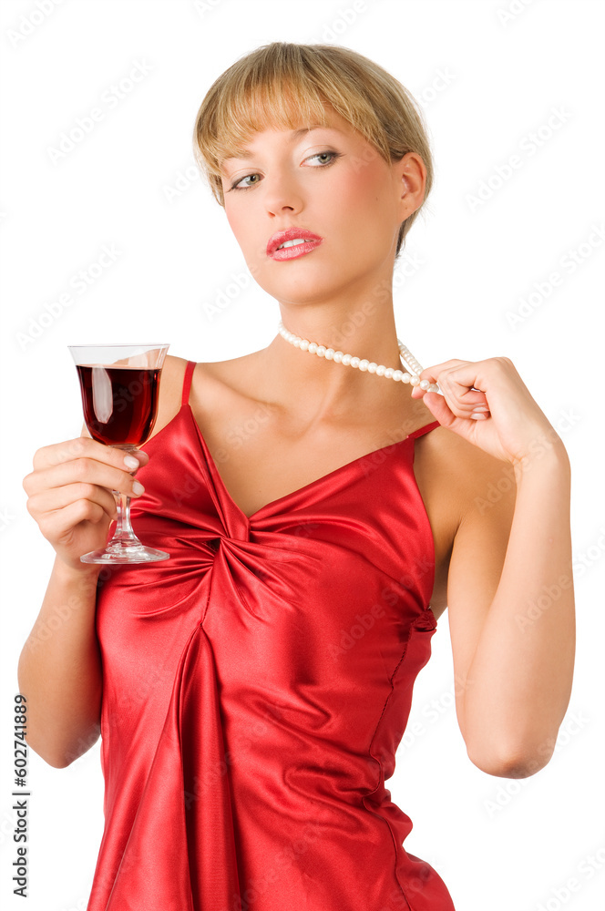 stylish blond girl with pearl necklace drinking a glass of red wine stylish blond girl with pearl necklace drinking a glass of red wine