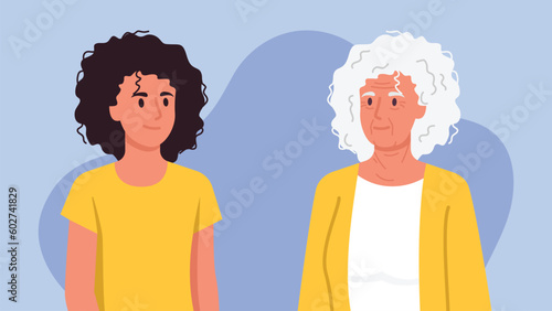 Vector illustration of youth and old age. Cartoon scene with a young, beautiful woman and elderly woman with wrinkles and gray hair isolated on a blue background. Age difference. Generation gap.