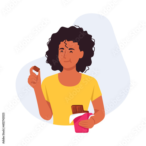 Vector illustration of a pretty girl eating delicious chocolate. Cartoon scene with a curly-haired, smiling girl holding a bar of chocolate and a piece of chocolate isolated on a white background.