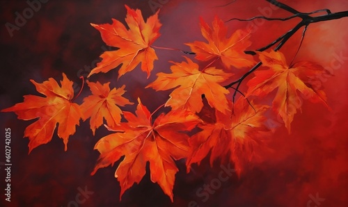  a painting of orange leaves on a red and black background. generative ai