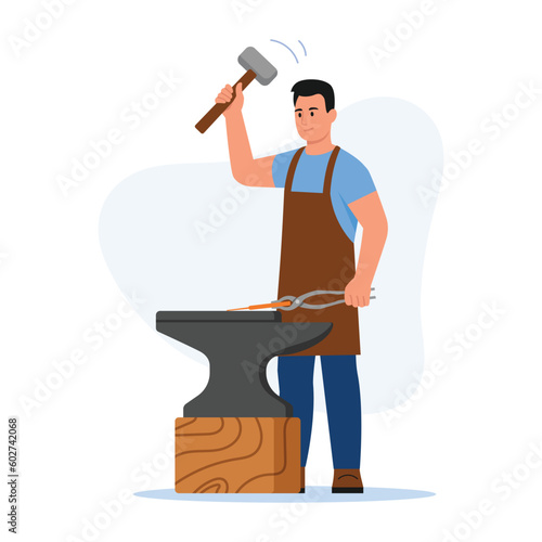 Vector illustration of a handsome blacksmith man. Cartoon scene with a blacksmith in an apron holding a hammer and hitting an anvil isolated on a white background. A blacksmith forges iron.