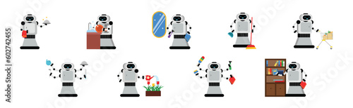 Domestic Robot for Automation Household Help Housekeeping Vector Set
