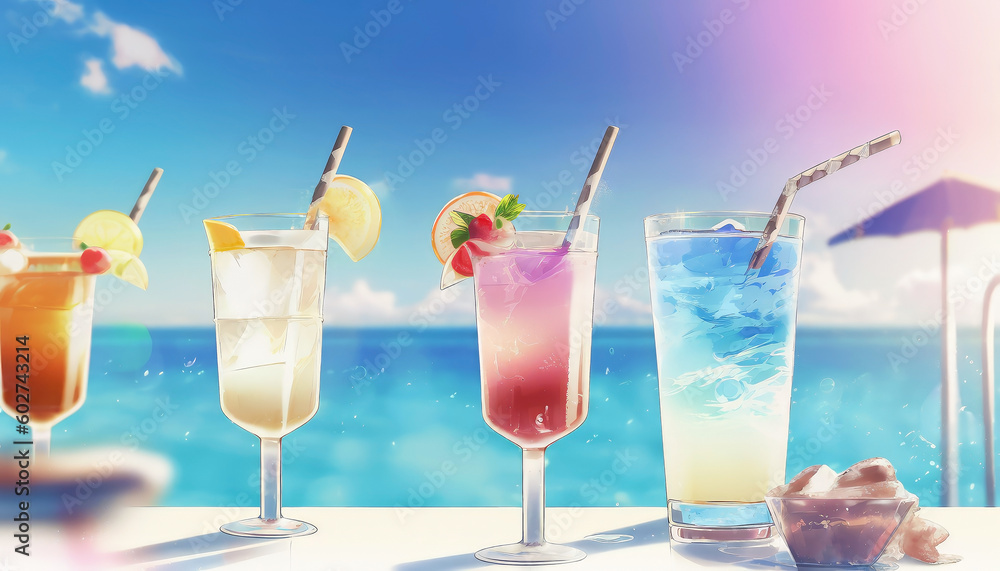 Delicious tropical cocktails on bar counter against azure sea AI generated content. Party on ocean beach at holiday. Refreshing drinks Delicious tropical cocktails on bar counter against azure sea AI generated content. Party on ocean beach at holiday. Refreshing drinks