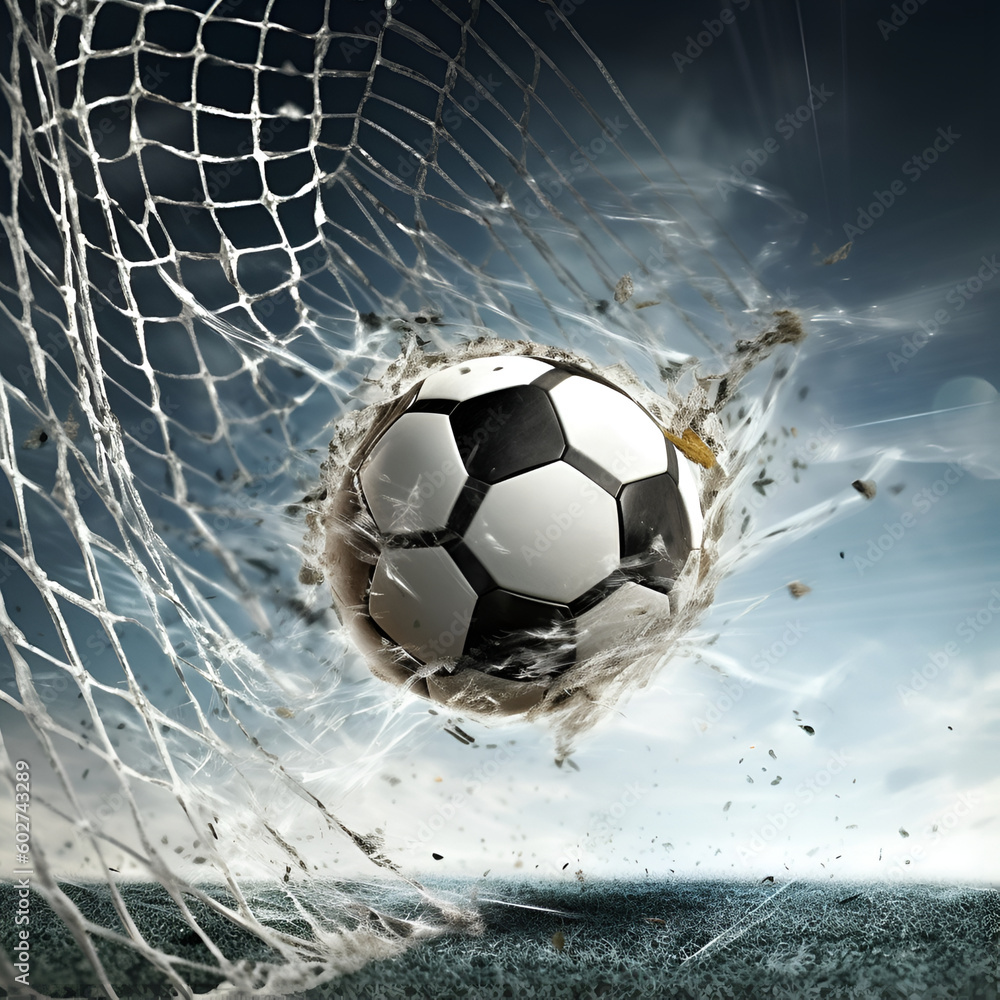 Naklejka premium soccer ball breaks through the football goal net, game and sport theme, victory theme. Generative AI 