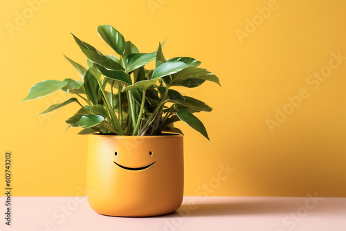Zimmerpflanze im lachenden Blumentopf KI photo