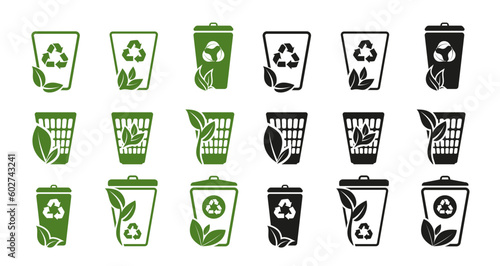 Set of eco garbage line icon. Green and black recycling, eco friendly and environmental management system. Template trash can with recycle sign and plant leaves. Vector in flat style.