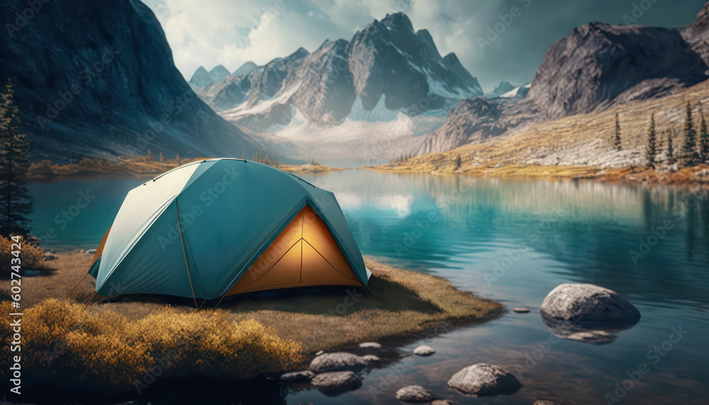 Touristic tent on bank of calm river against rocky mountains AI generated content. Traveler camp at wild highland digital graphic illustration