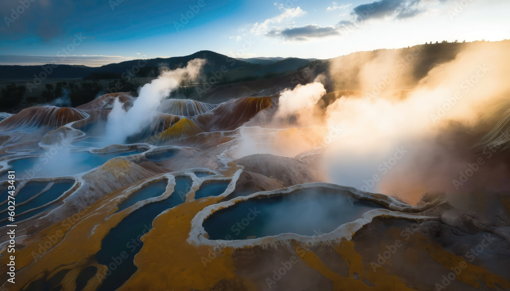 Cascade geysers with hot water and rising steam in valley AI generated content. Unique geothermal landmark at highland digital artwork