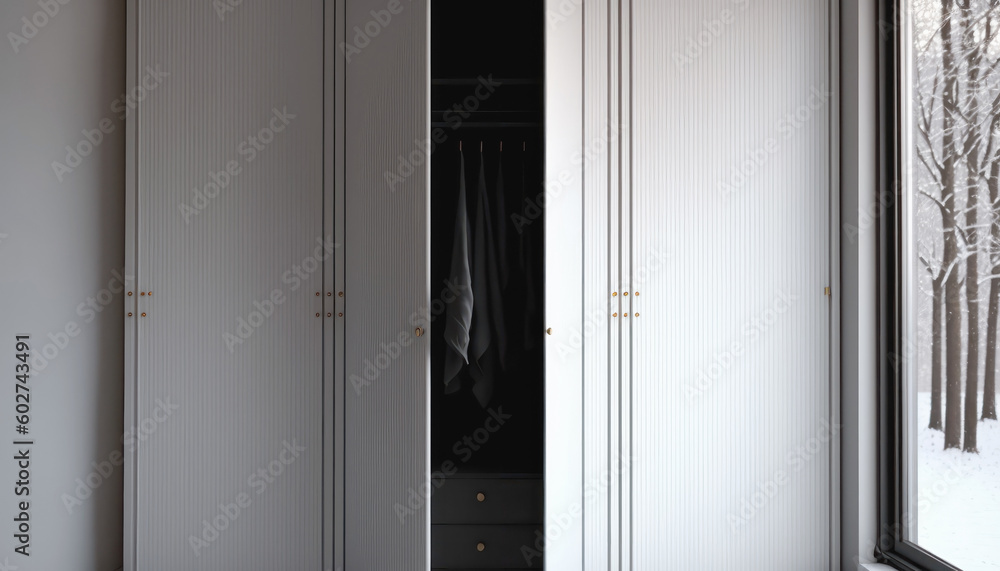 Minimalist wardrobe with open door and clothes inside by window AI generated content. Elegant furniture for garment graphic illustration Minimalist wardrobe with open door and clothes inside by window AI generated content. Elegant furniture for garment graphic illustration