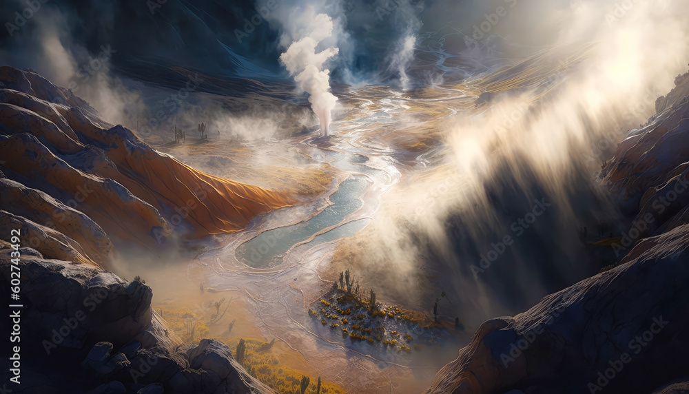 Hot water in misty geysers valley AI generated content