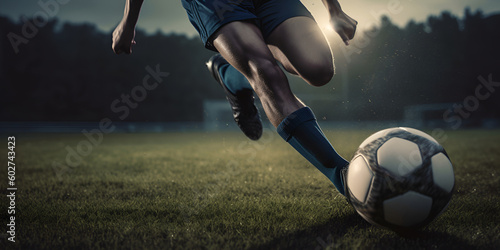 football game  football player kicks the ball  game and sport theme  horizontal photography. Generative AI 