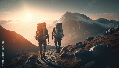 People with large rucksacks walk along rocky valley at sunset AI generated content. Tourists spend vacation in mountain expedition digital image
