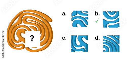 IQ test question with one main graphic from which a part is missing and four given options. The b. option is the correct answer.