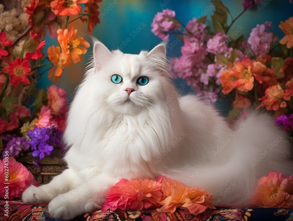 The Whimsical White Persian Cat among Flowers