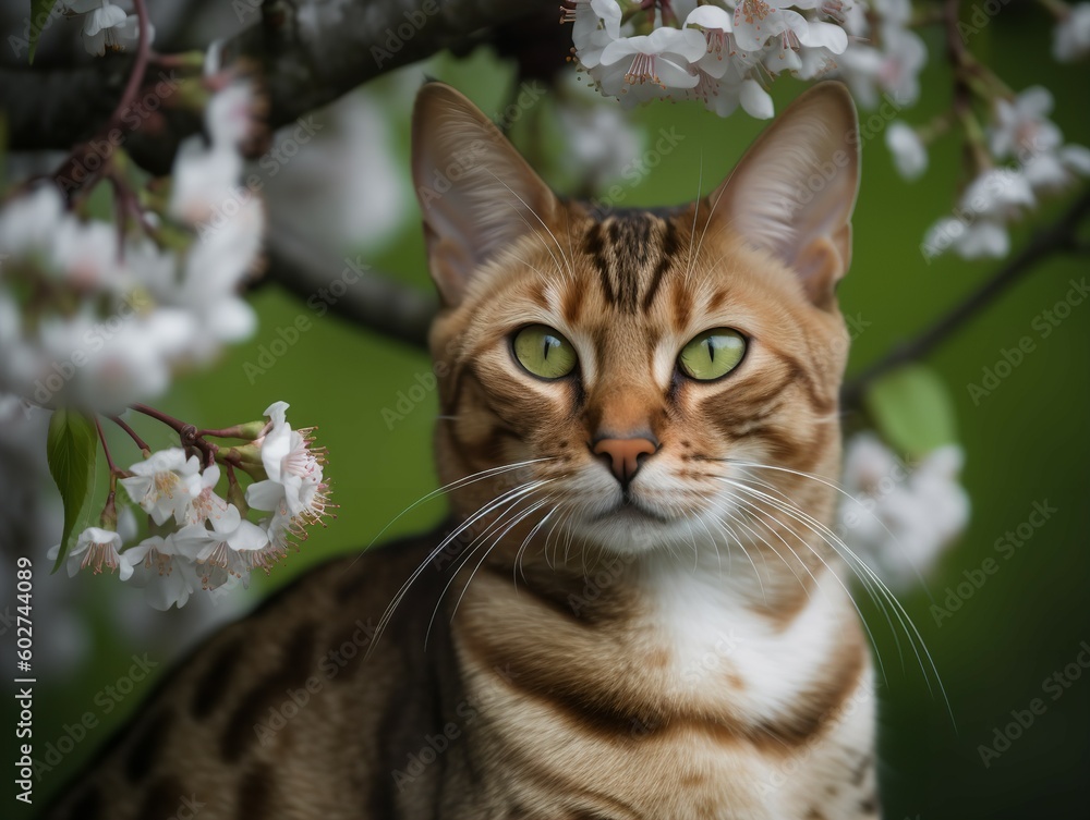 The Bengal Cat's Beauty in a Blossom Tree The Bengal Cat's Beauty in a Blossom Tree