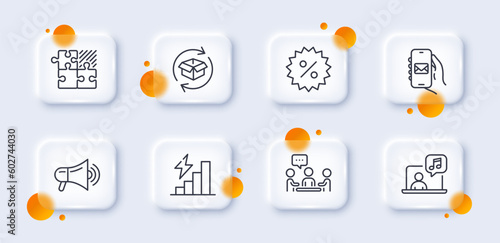 Mail app, People chatting and Return parcel line icons pack. 3d glass buttons with blurred circles. Puzzle game, Music, Consumption growth web icon. Megaphone, Discount pictogram. Vector