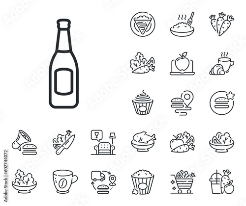 Pub Craft beer sign. Crepe, sweet popcorn and salad outline icons. Beer bottle line icon. Brewery beverage symbol. Beer line sign. Pasta spaghetti, fresh juice icon. Supply chain. Vector