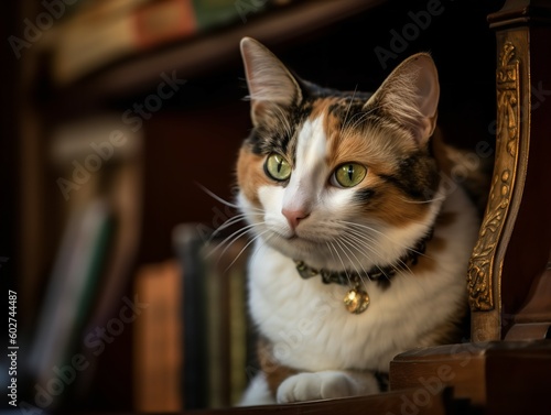 The Curious Calico Cat Peering from a Bookshelf