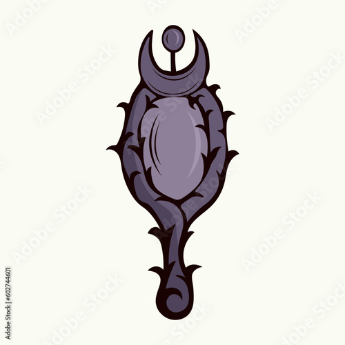 Hand-drawn magical witch purple mirror with spikes and a crescent moon. Illustration for Halloween and Walpurgis Night