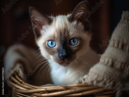 A Siamese Kitten's Gaze from a Cozy Basket