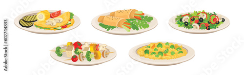 Vegan Dish and Main Course with Vegetables Served on Plate Vector Set