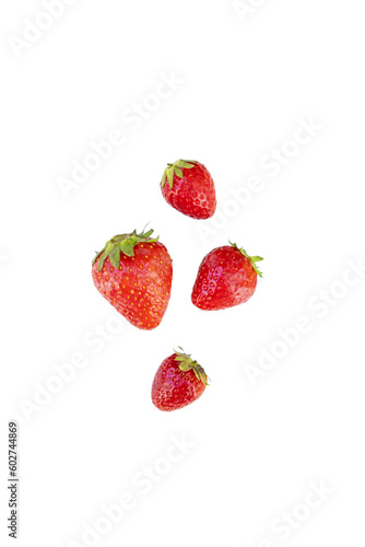 Group of four strawberries viewed from above on a white background