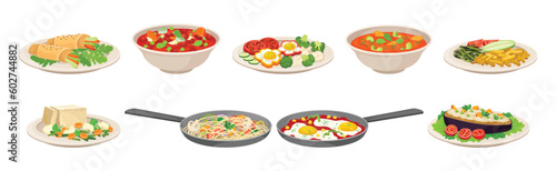 Vegan Dish and Main Course with Vegetables Served on Plate Vector Set