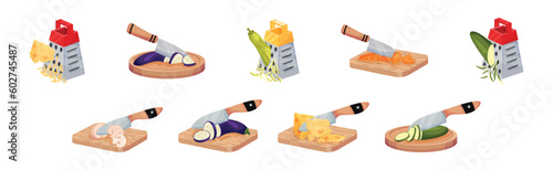 Grater and Cutting Board with Knife Chopping Vegetable Vector Set