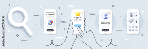 Engineering documentation, Fake document and Diamond line icons pack. Phone screen mockup with 3d star, alert and chat message. Fraud, Manual, Support consultant web icon. Vector